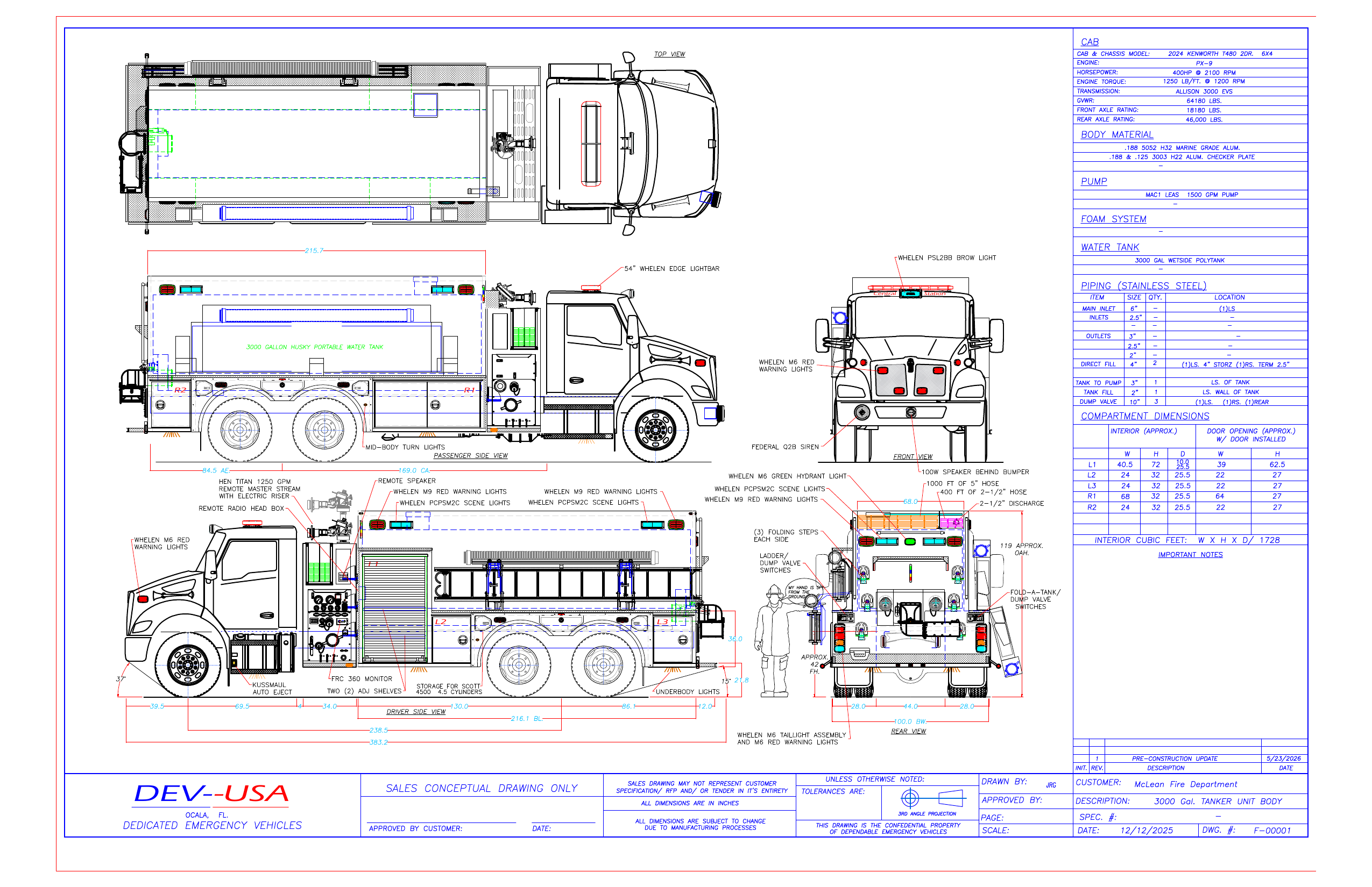 Conceptual drawing of the McLean Fire District 3000 gallon tanker pumper on a Kenworth T480 chassis