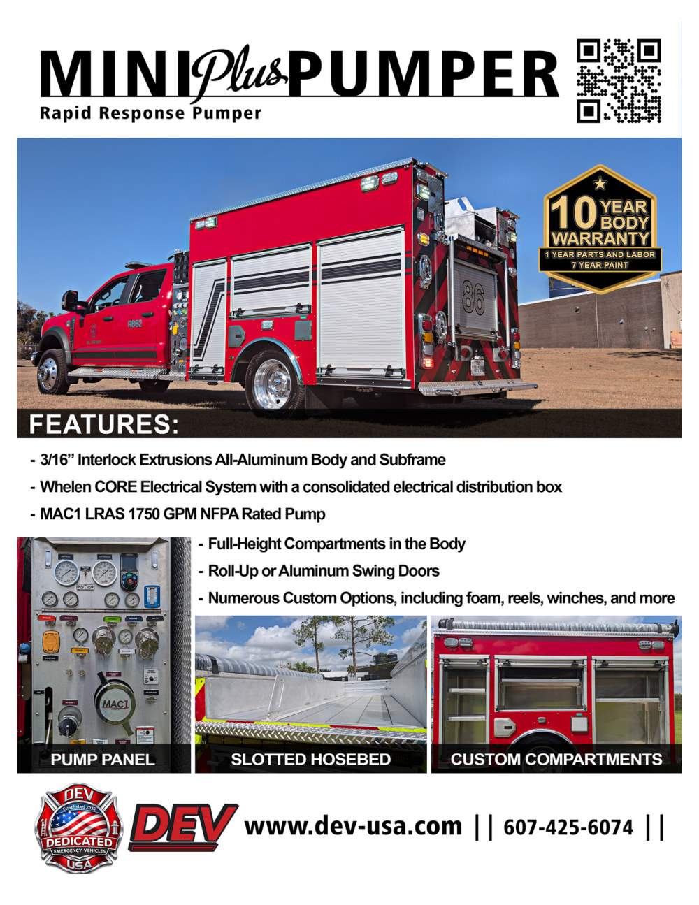 Cover of the DEV-USA Mini Plus Pumper brochure showing a red rapid response pumper with roll-up compartment doors