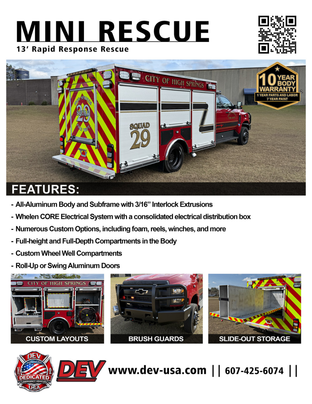 Cover of the DEV-USA Mini Rescue brochure showing the City of High Springs Squad 29 rescue truck