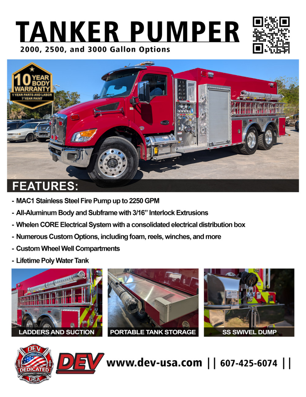 Cover of the DEV-USA Tanker Pumper brochure showing a red tanker pumper on a commercial chassis