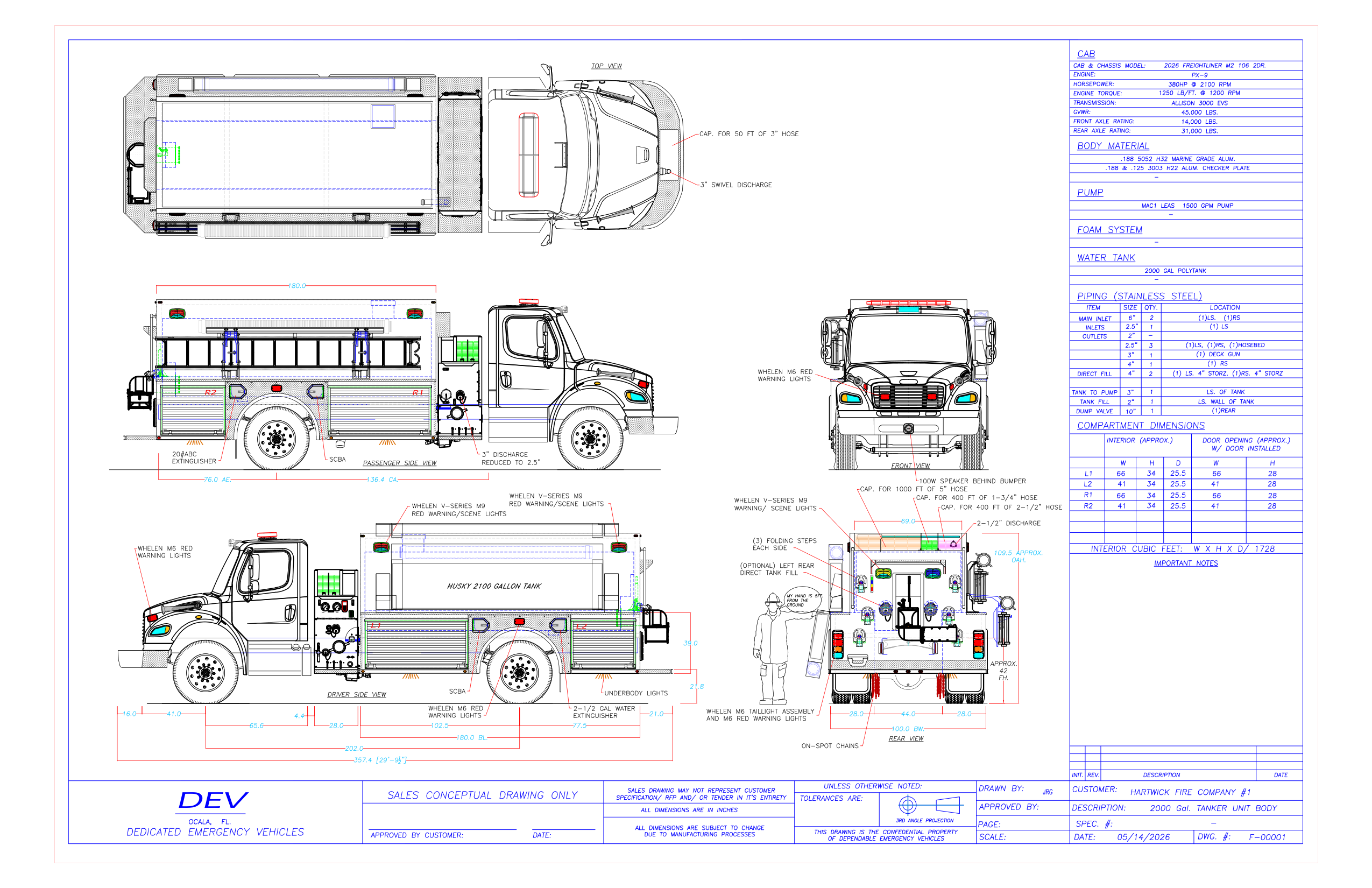 Conceptual drawing of the Hartwick Fire Company #1 2000 gallon tanker pumper on a Freightliner 106 Plus chassis