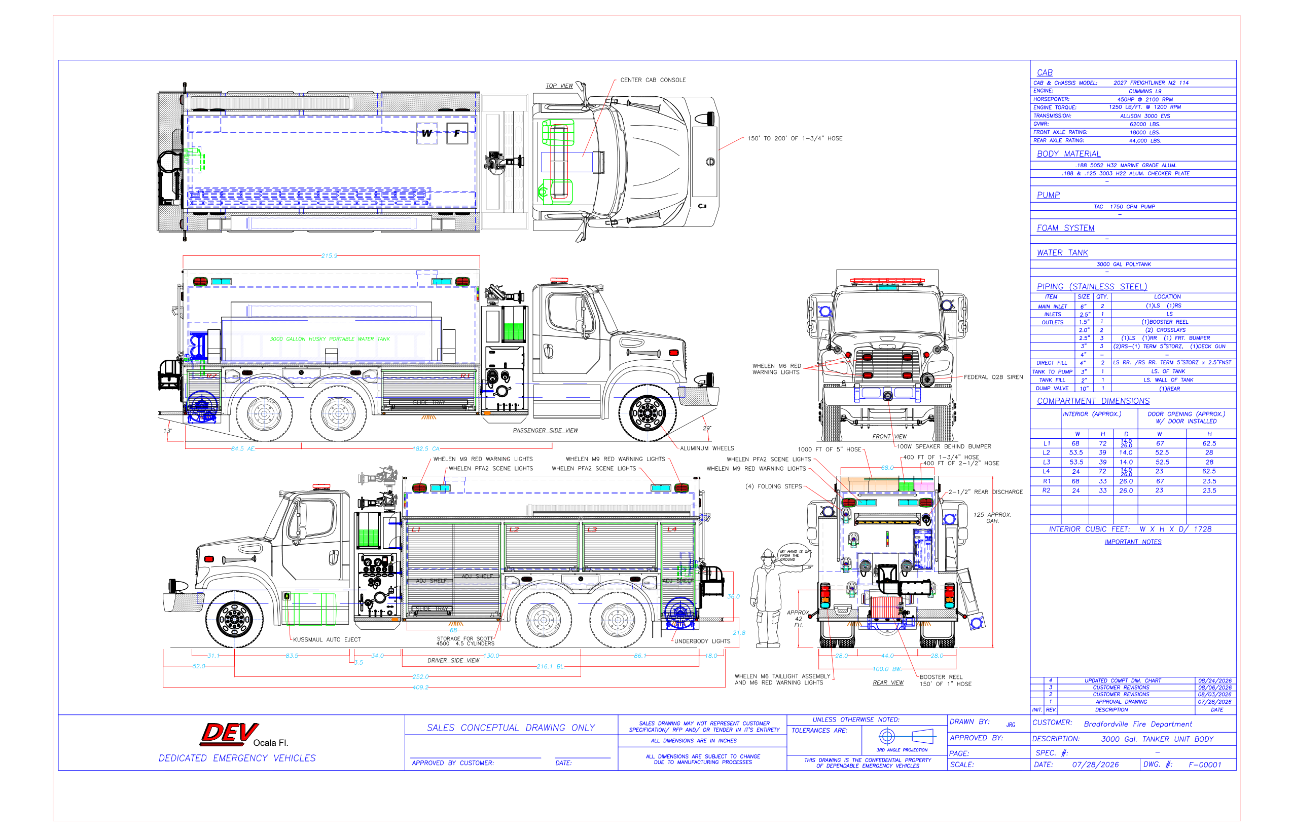 Conceptual drawing of the Bradfordville Fire Department 3000 gallon tanker on a Freightliner M2 114 chassis