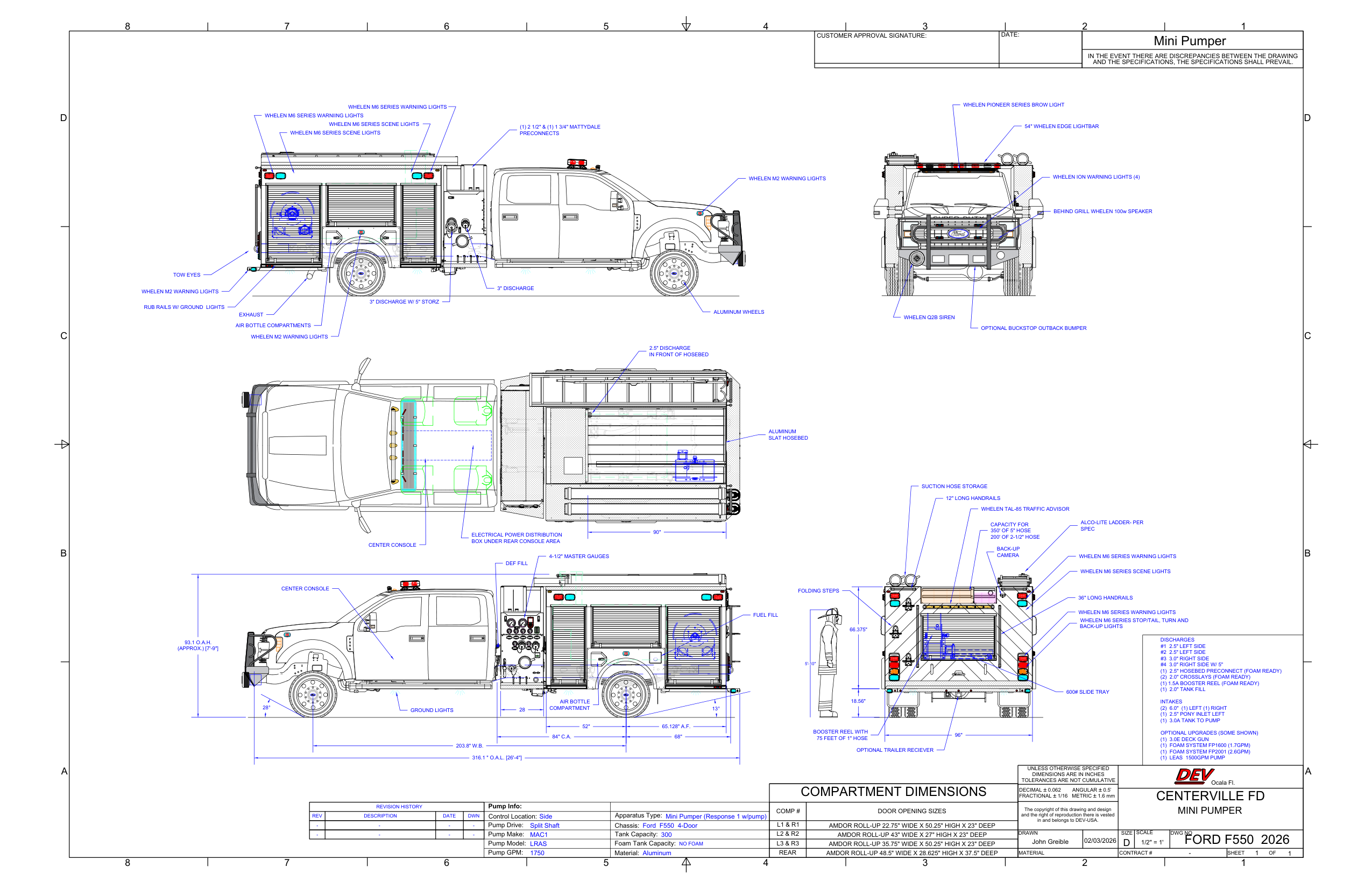 Conceptual drawing of the Centerville Fire Department 1750gpm Mini PLUS Pumper on a Ford F550 4x4 crew cab chassis