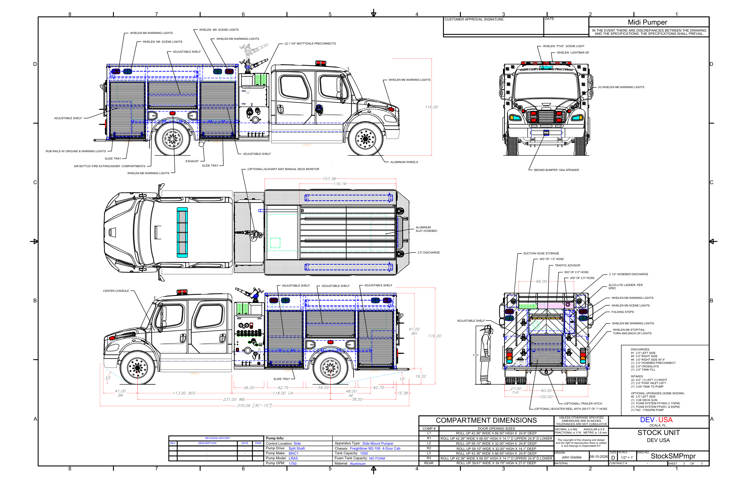 Conceptual drawing of the DEV-USA stock 1000 gallon midi pumper on a Freightliner M2-106 four-door chassis